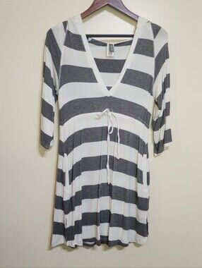 Beach Cover Up Hooded Kenneth Cole Reaction Grey White Nautical Striped Size S